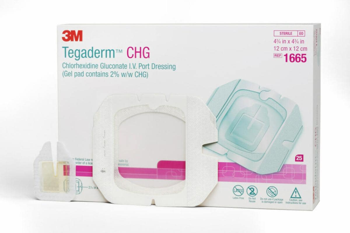 3M™ Tegaderm™ CHG Chlorhexidinglukonátový I.V. set krytí na porty 1665R, 12 x 12 cm, 25 ks/balení, 4 balení/krabice